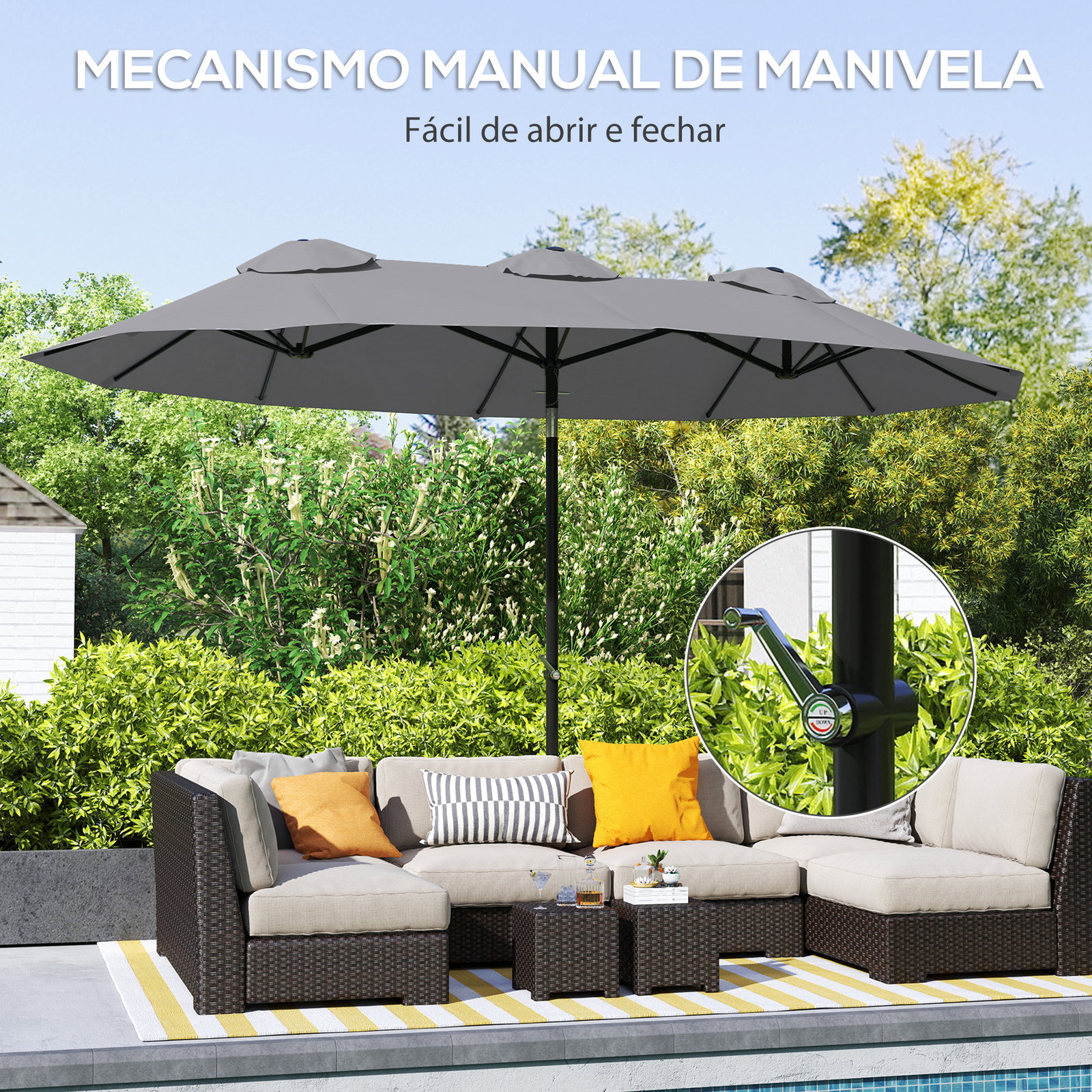Chapéu de sol duplo chapéu de sol de jardim com inclinação de 45° manivela estrutura de aço 295x152x222 cm cinza