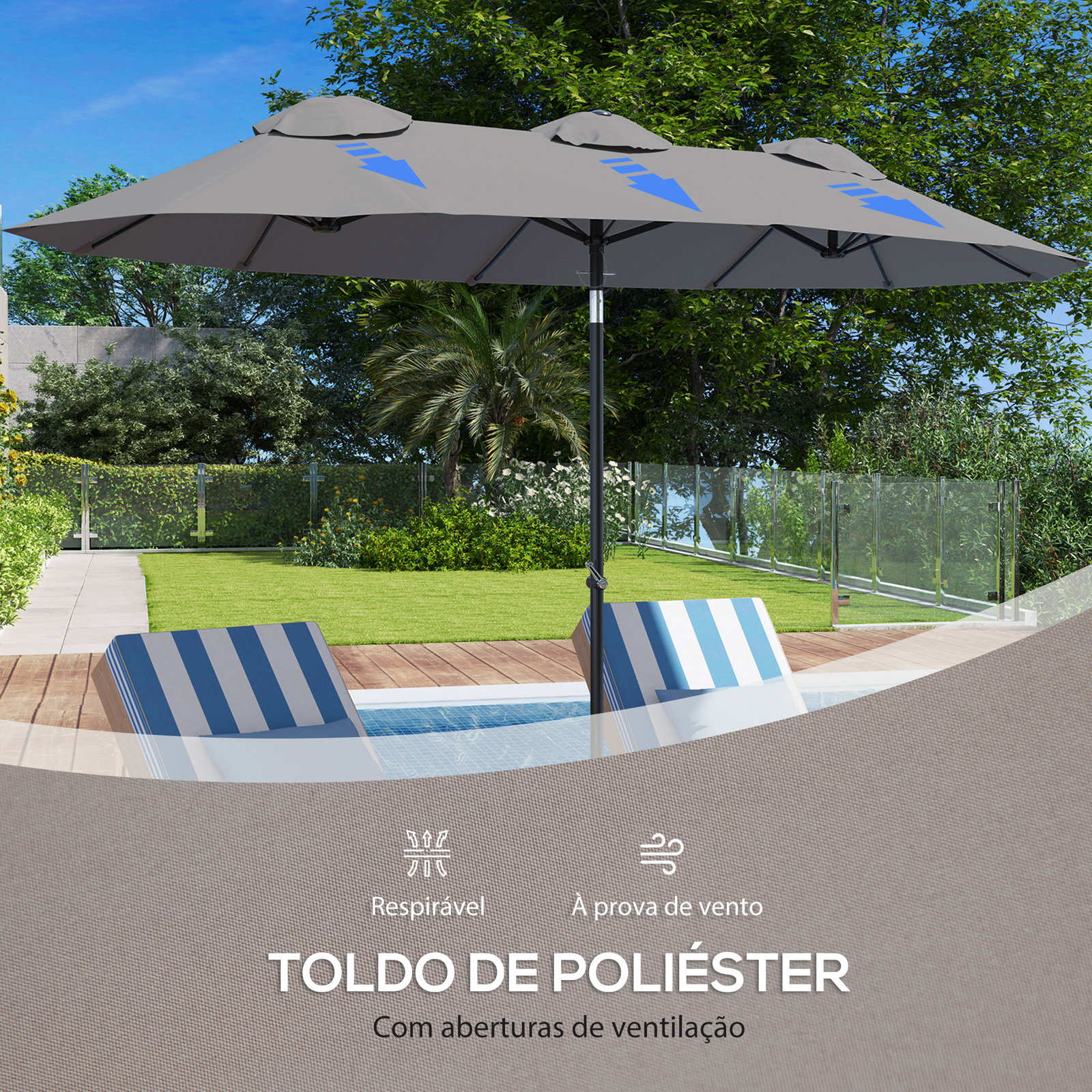 Chapéu de sol duplo chapéu de sol de jardim com inclinação de 45° manivela estrutura de aço 295x152x222 cm cinza