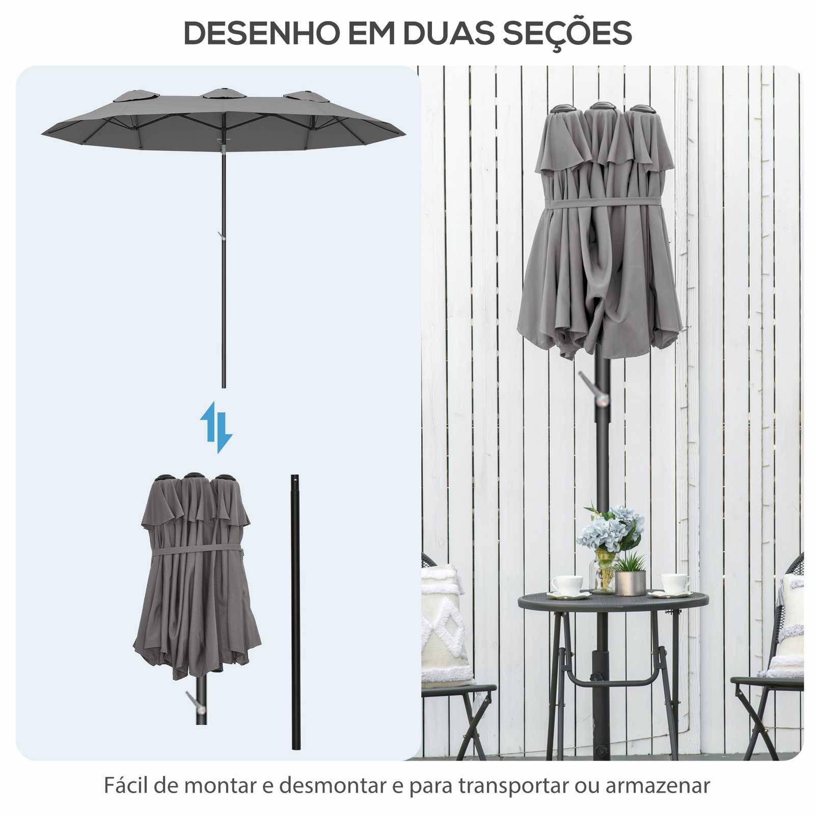 Chapéu de sol duplo chapéu de sol de jardim com inclinação de 45° manivela estrutura de aço 295x152x222 cm cinza