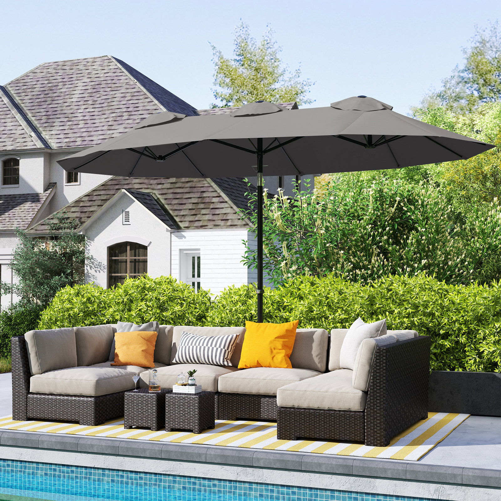 Chapéu de sol duplo chapéu de sol de jardim com inclinação de 45° manivela estrutura de aço 295x152x222 cm cinza