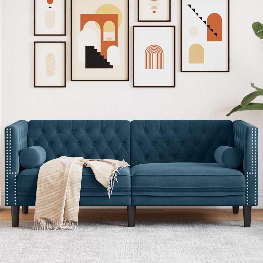 Sofá chesterfield com rolos 2 lugares veludo azul