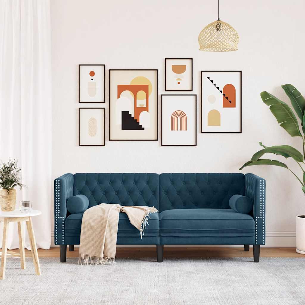 Sofá chesterfield com rolos 2 lugares veludo azul