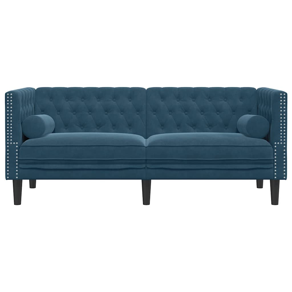 Sofá chesterfield com rolos 2 lugares veludo azul