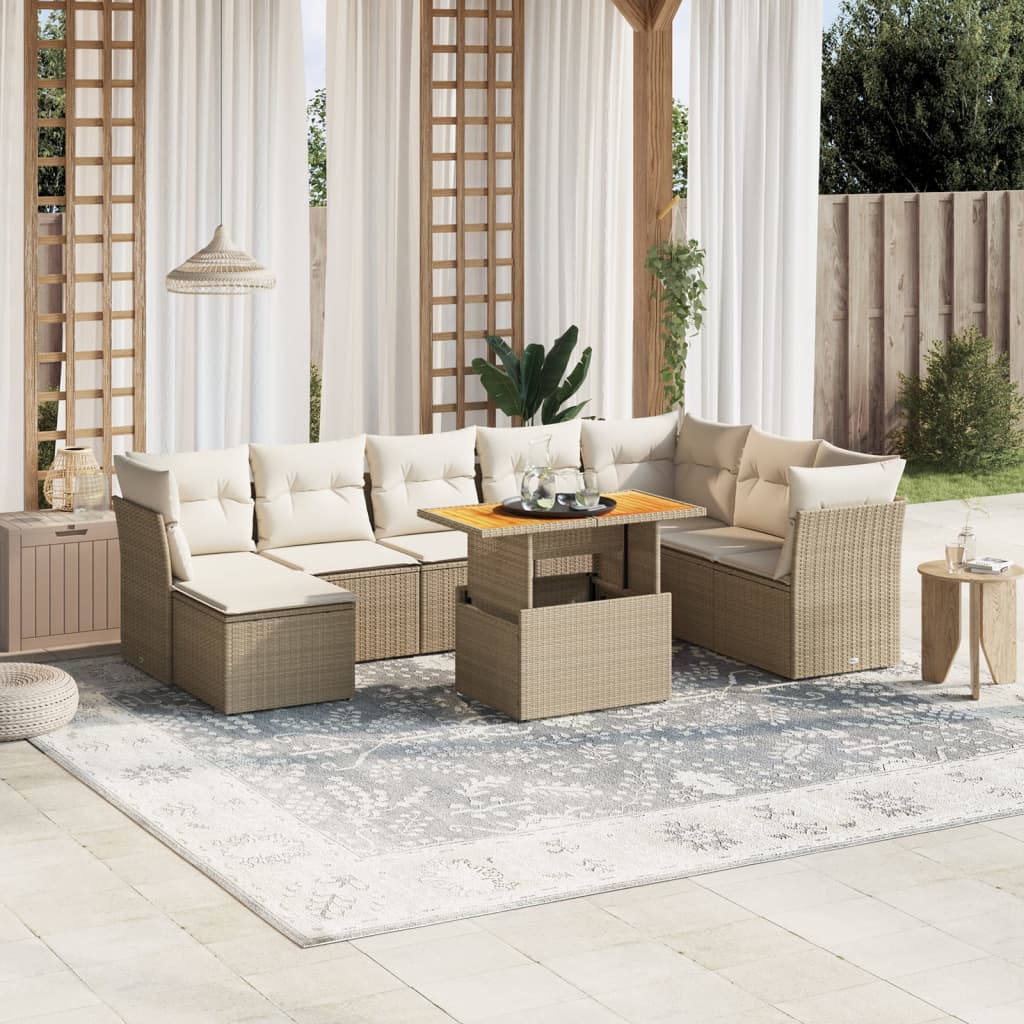 9 Pcs conjunto de sofás p/ jardim com almofadões vime PE bege
