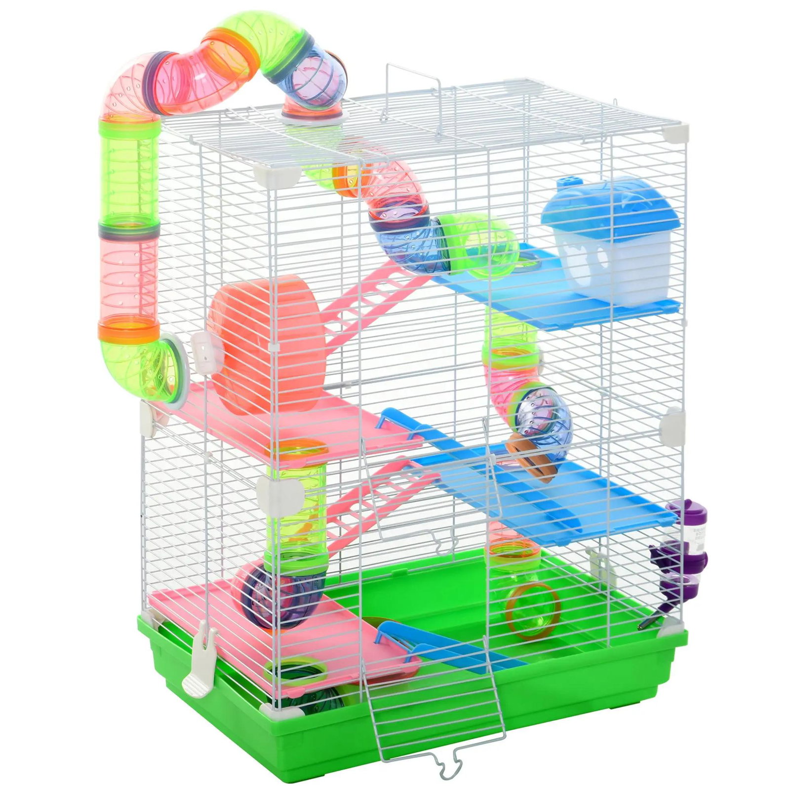 Gaiola para hamster com 5 plantas escada alimentador bebedor roda e túnel 46x30x58cm verde e branco