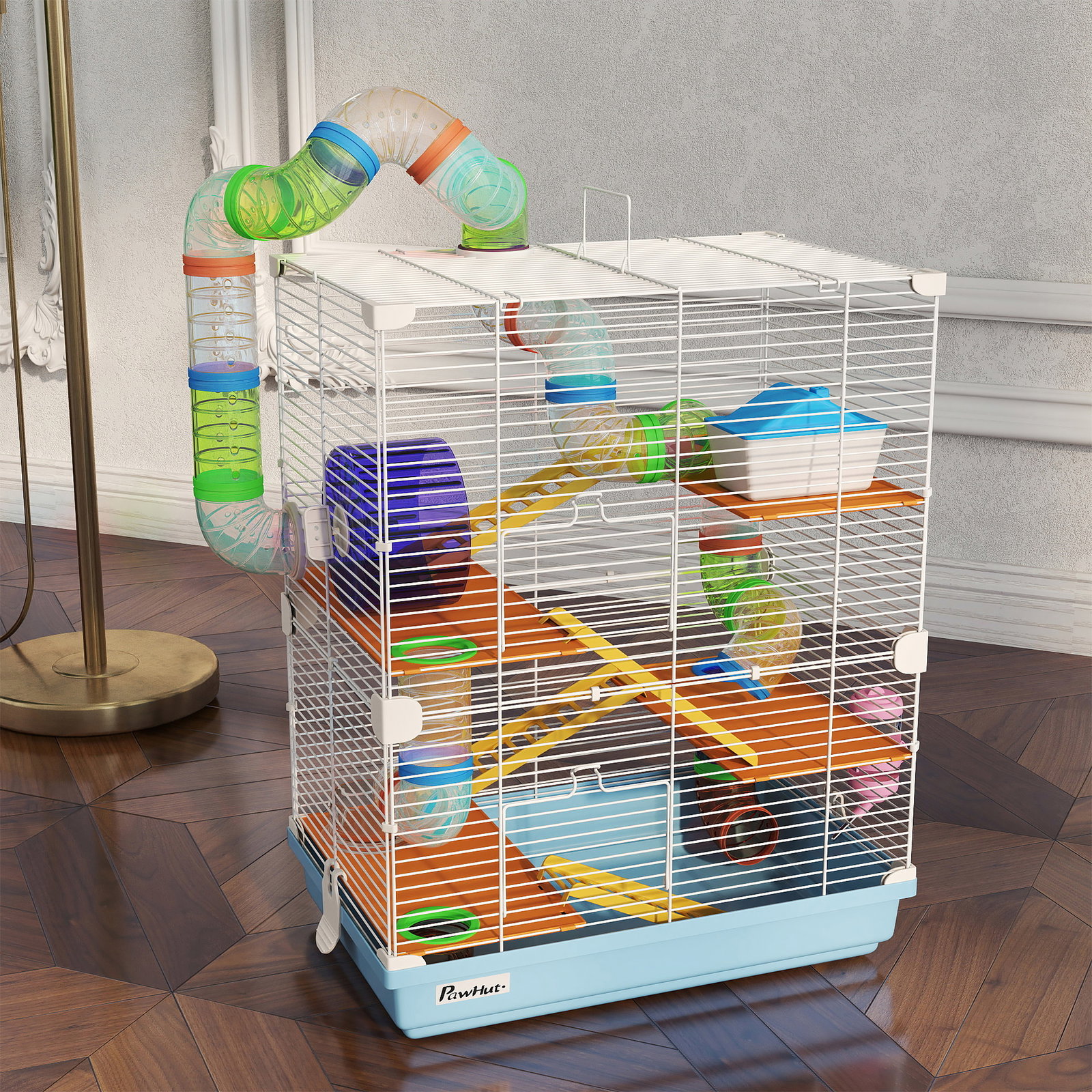 Gaiola para hamster com 5 plantas escada alimentador bebedor roda e túnel 46x30x58cm verde e branco