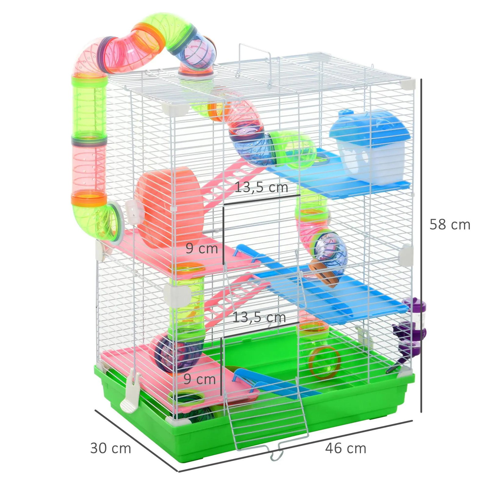 Gaiola para hamster com 5 plantas escada alimentador bebedor roda e túnel 46x30x58cm verde e branco