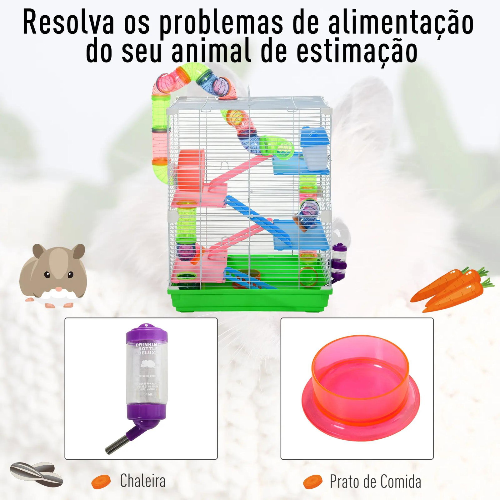 Gaiola para hamster com 5 plantas escada alimentador bebedor roda e túnel 46x30x58cm verde e branco