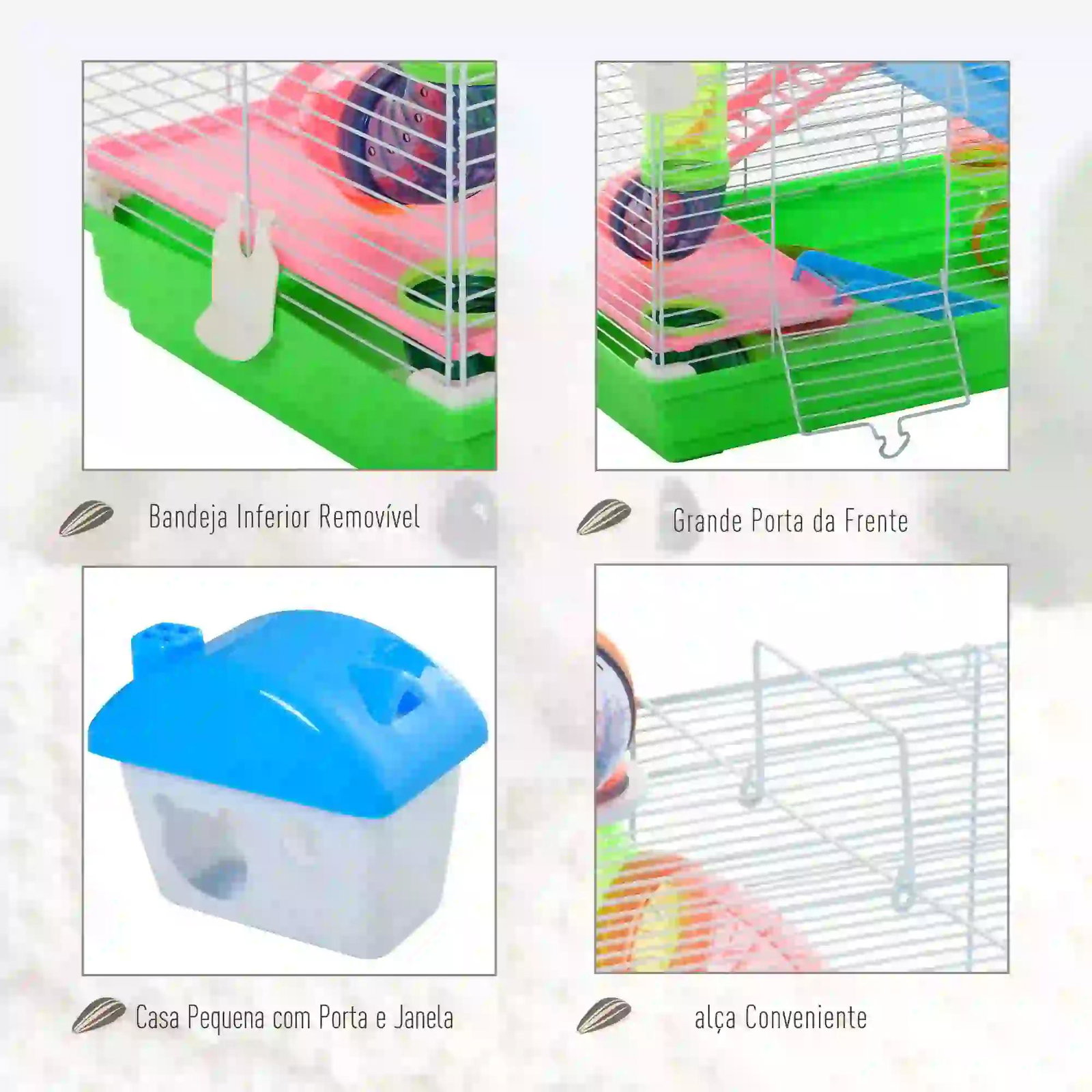 Gaiola para hamster com 5 plantas escada alimentador bebedor roda e túnel 46x30x58cm verde e branco