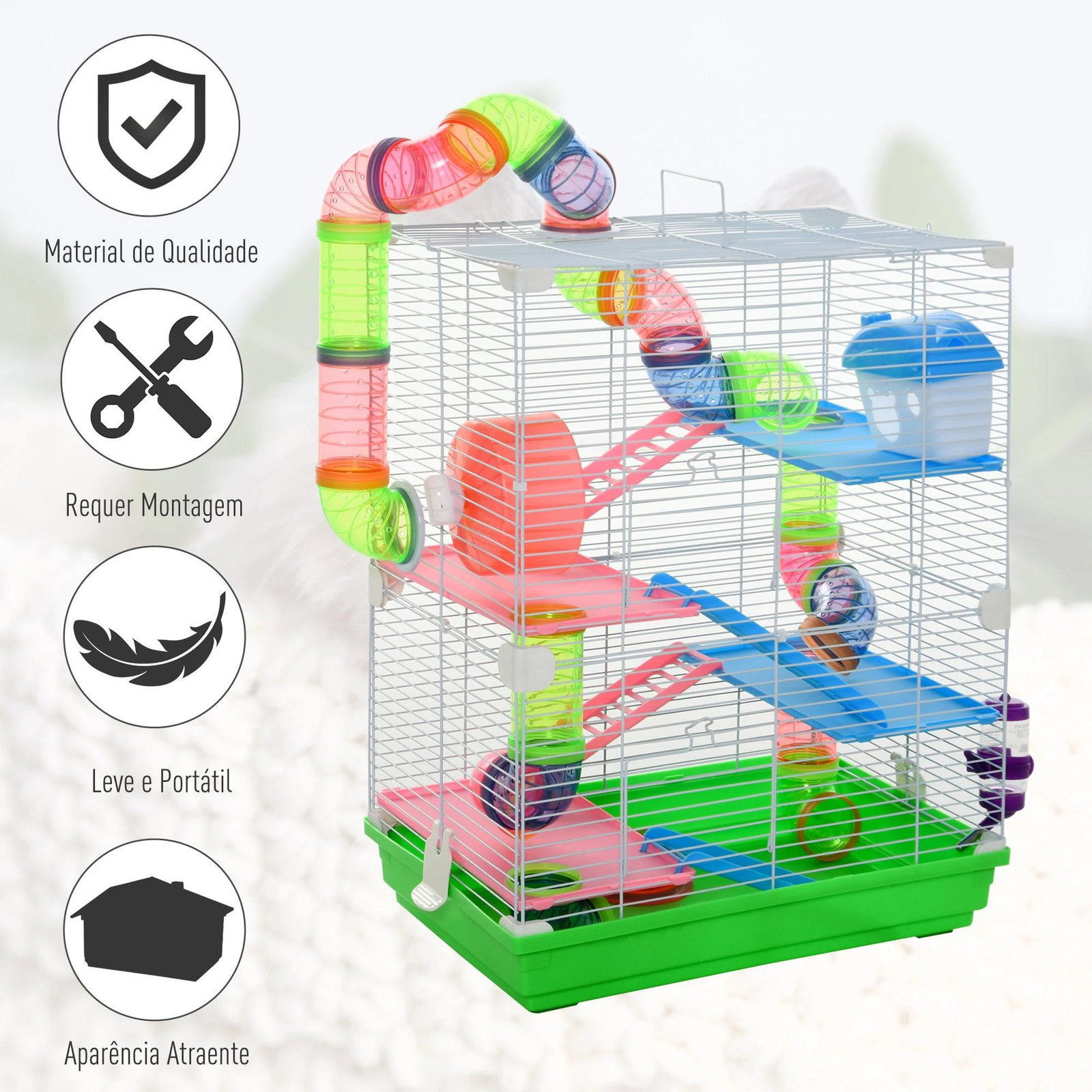 Gaiola para hamster com 5 plantas escada alimentador bebedor roda e túnel 46x30x58cm verde e branco
