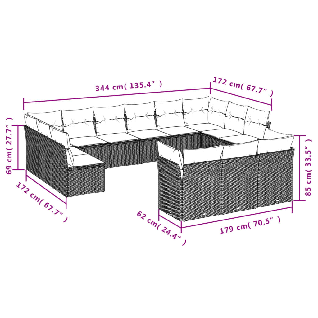 13 Pcs conjunto de sofás p/ jardim com almofadões vime PE bege