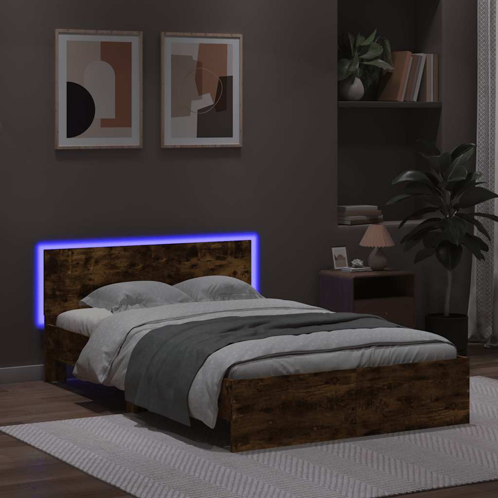 Estrutura cama c/ cabeceira/luzes LED 120x200cm carvalho fumado