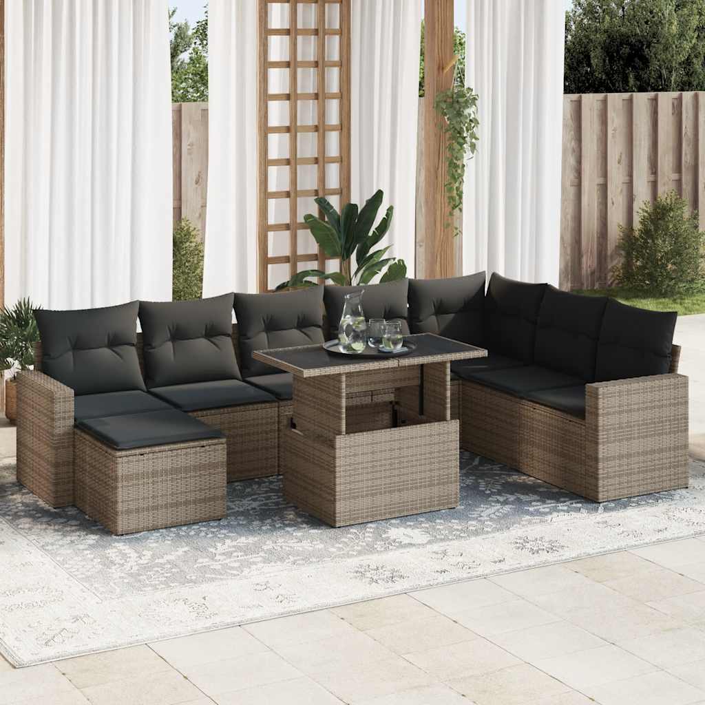 9 Pcs conjunto sofás p/ jardim com almofadões vime PE cinzento