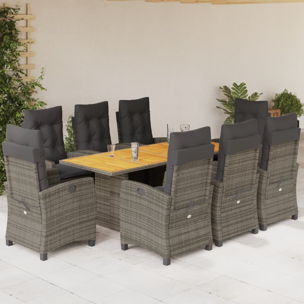 9 Pcs conjunto de jantar p/ jardim c/ almofadões vime PE cinza