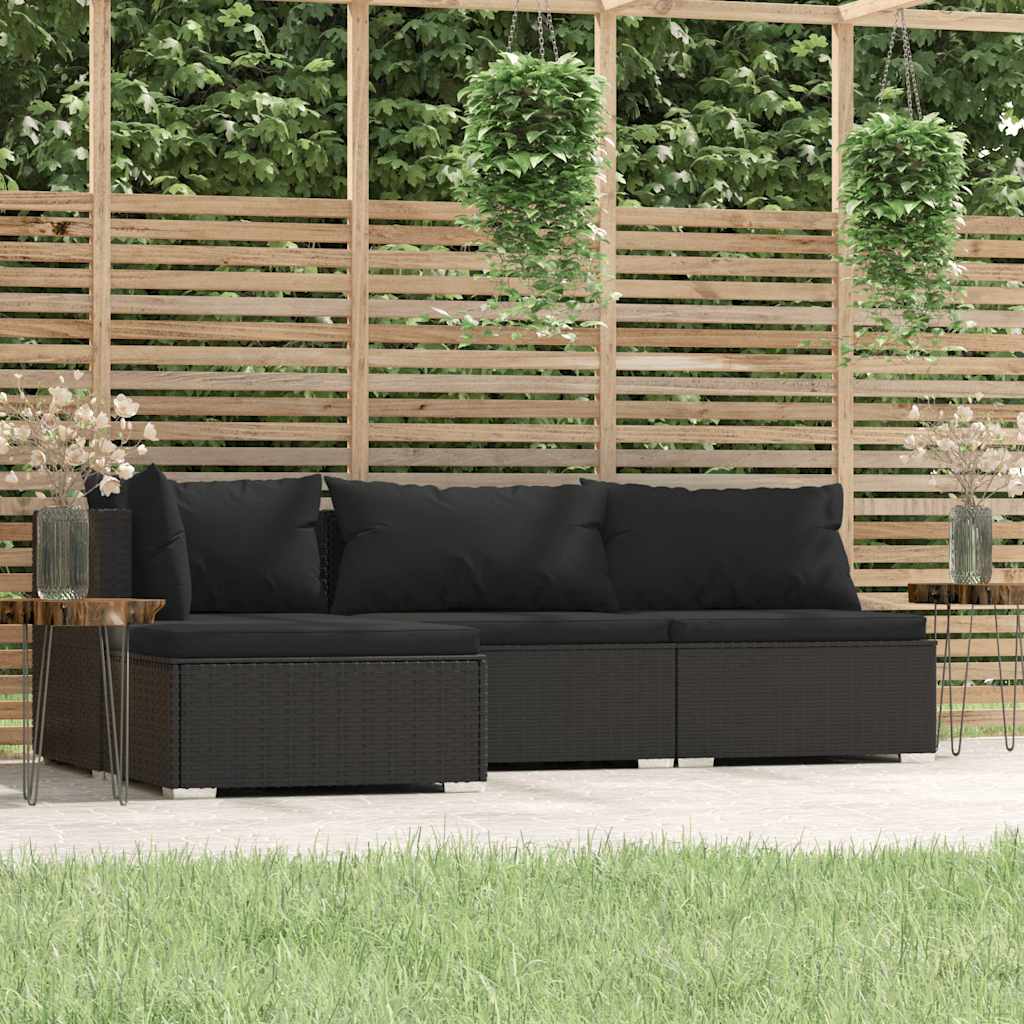 4 Pcs conjunto lounge de jardim c/ almofadões vime PE preto