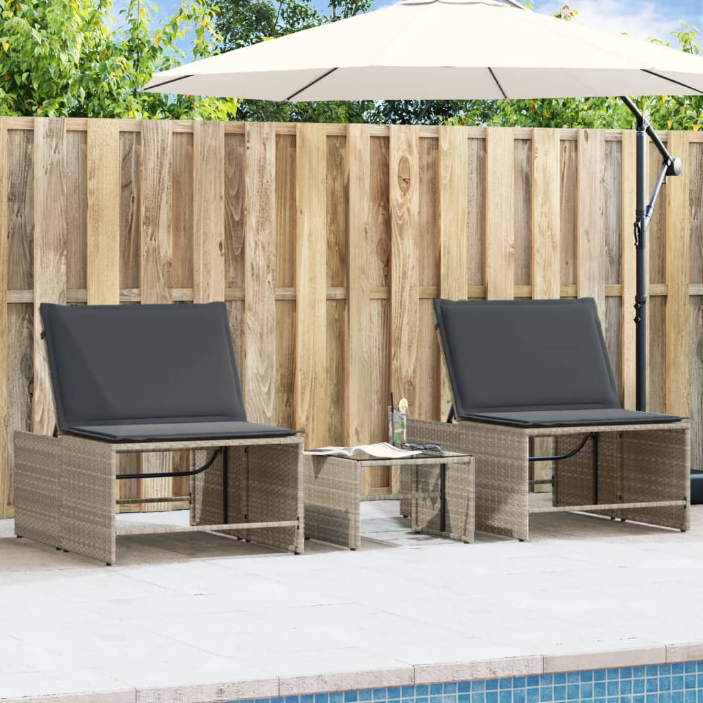 Espreguiçadeiras modulares com mesa 2 pcs vime PE cinzento-claro