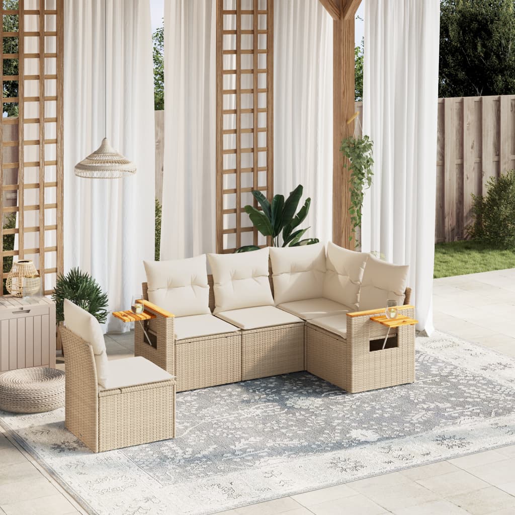 5 Pcs conjunto de sofás p/ jardim com almofadões vime PE bege