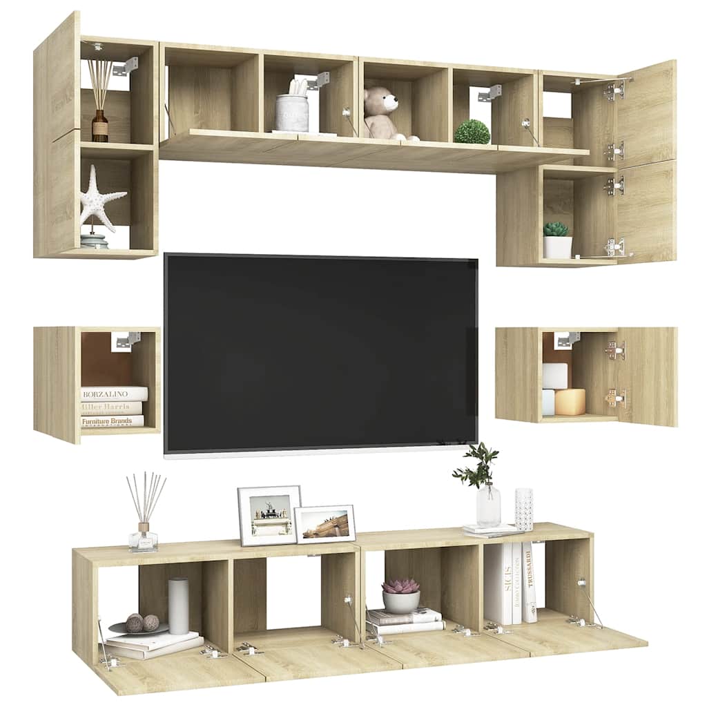8Pcs conjunto de móveis de TV derivados madeira carvalho sonoma