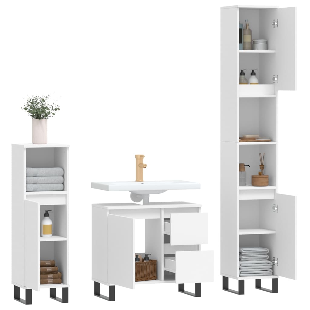 3 Pcs conjunto móveis casa de banho derivados de madeira branco