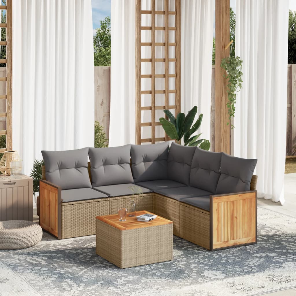 6 Pcs conjunto de sofás p/ jardim com almofadões vime PE bege