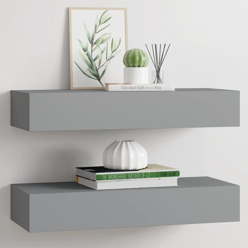 Prateleiras de parede c/ gavetas 2pcs MDF 60x23,5x10cm cinzento