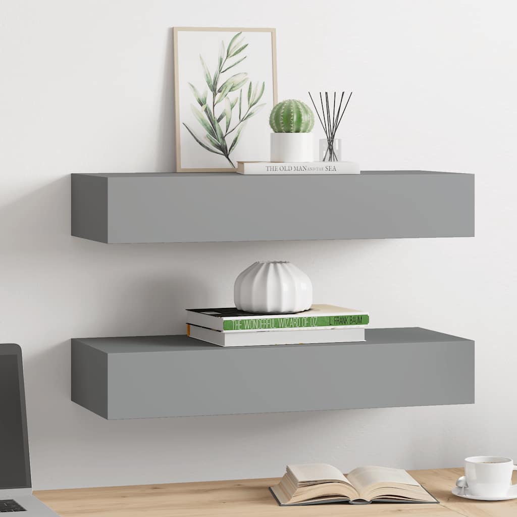 Prateleiras de parede c/ gavetas 2pcs MDF 60x23,5x10cm cinzento