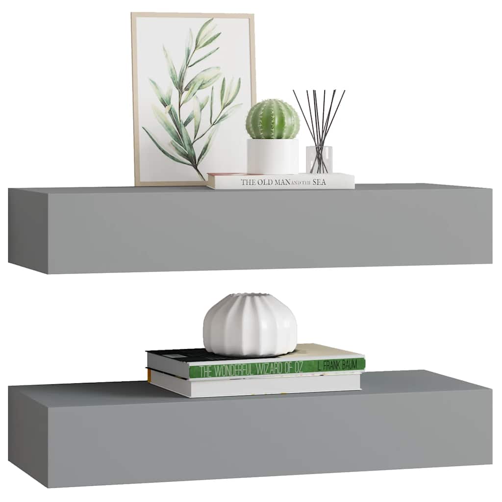 Prateleiras de parede c/ gavetas 2pcs MDF 60x23,5x10cm cinzento