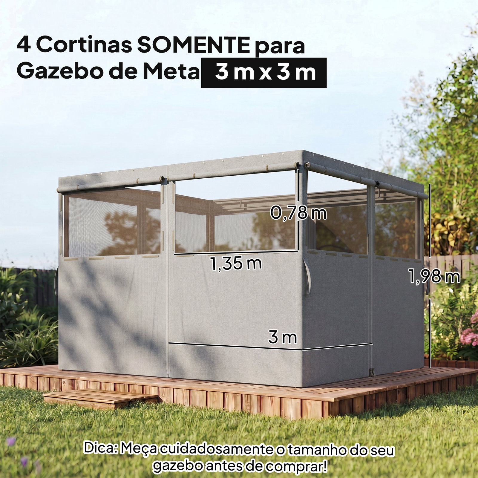 4 Paredes laterais para tenda 3x3 m laterais de tenda com 8 janelas proteção UV 30+ impermeável cinzento claro