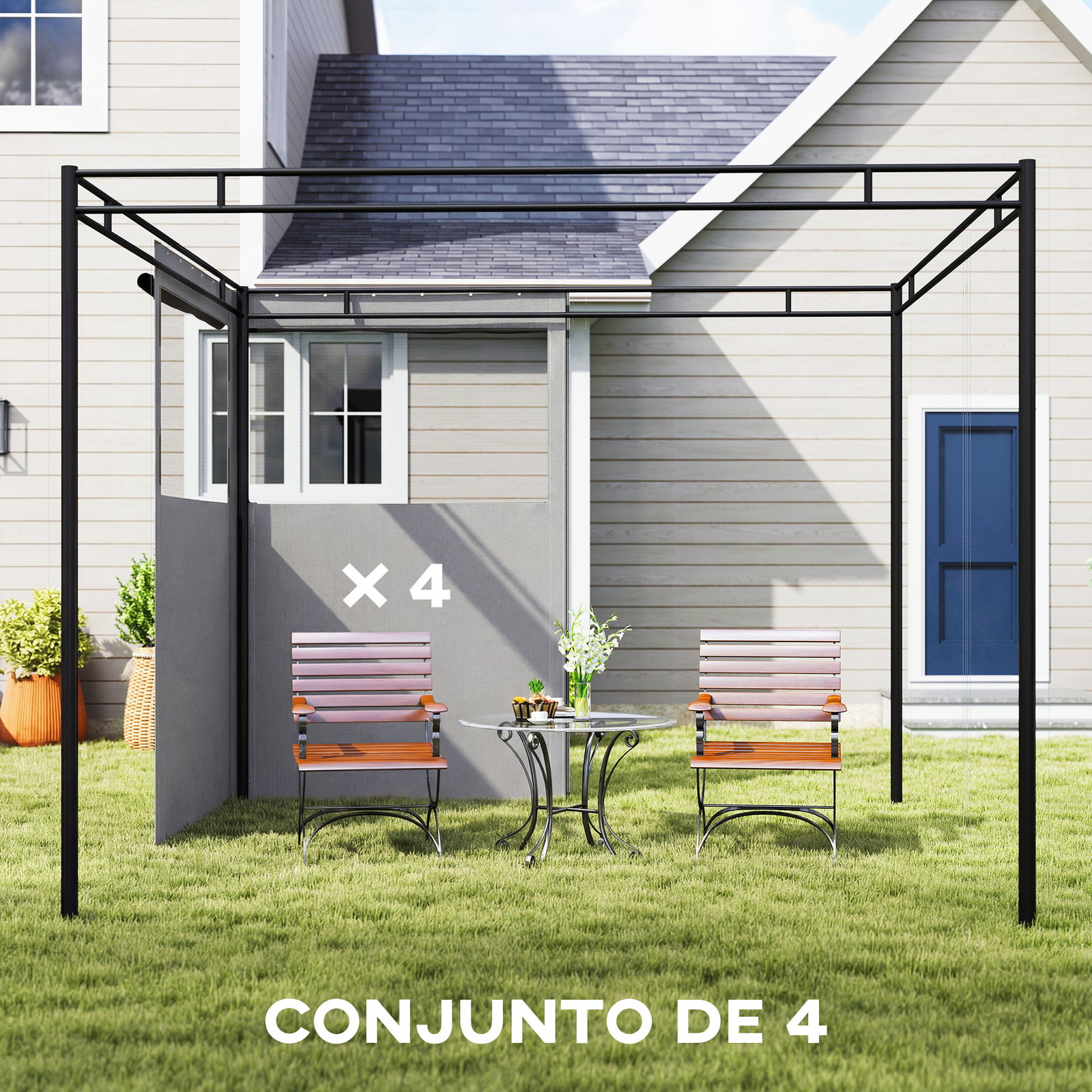 4 Paredes laterais para tenda 3x3 m laterais de tenda com 8 janelas proteção UV 30+ impermeável cinzento claro
