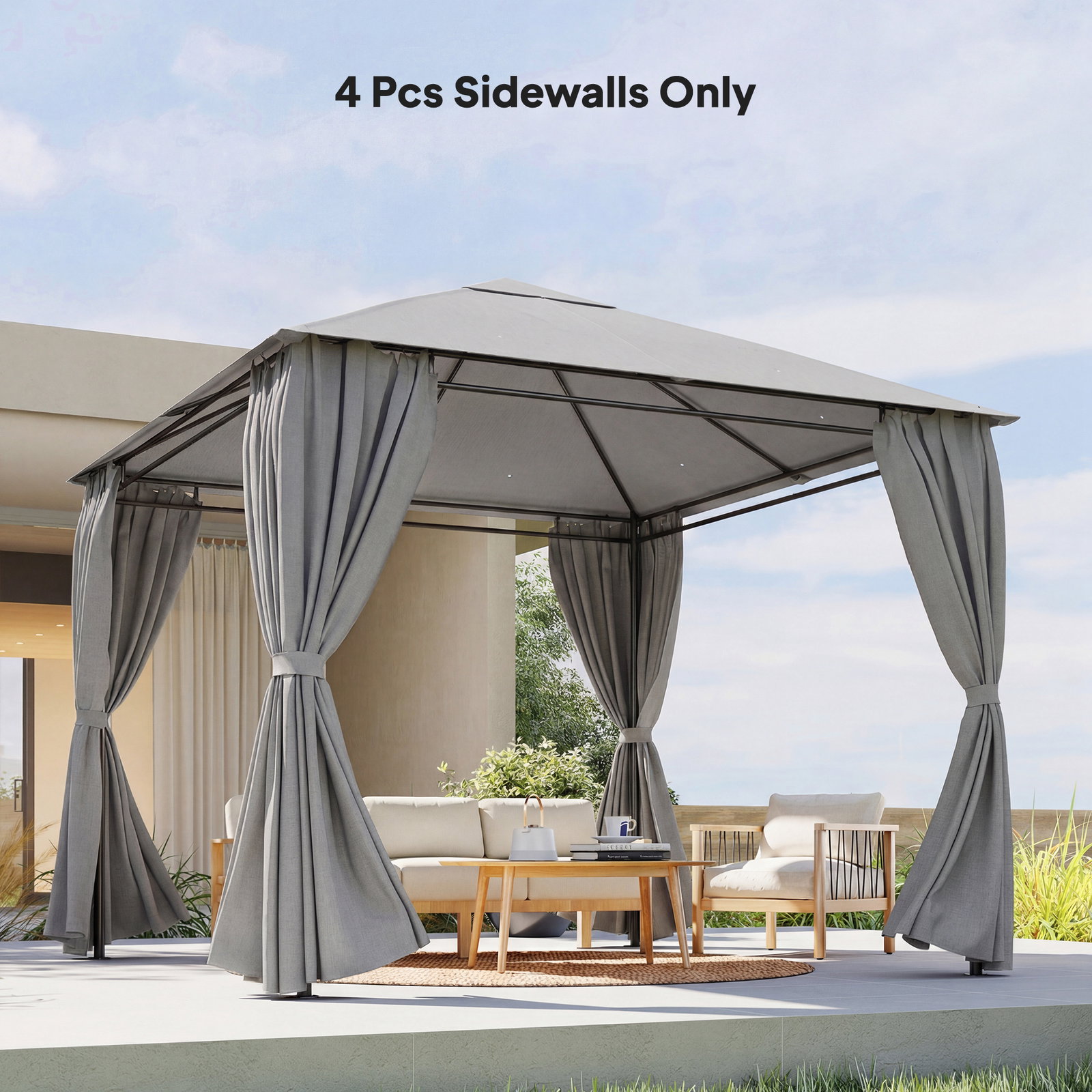 4 Paredes laterais para tenda 3x3 m laterais de tenda com 8 janelas proteção UV 30+ impermeável cinzento claro