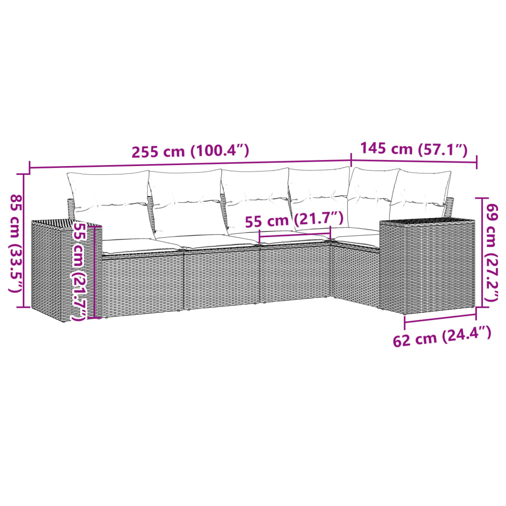 5 Pcs conjunto de sofás p/ jardim com almofadões vime PE bege