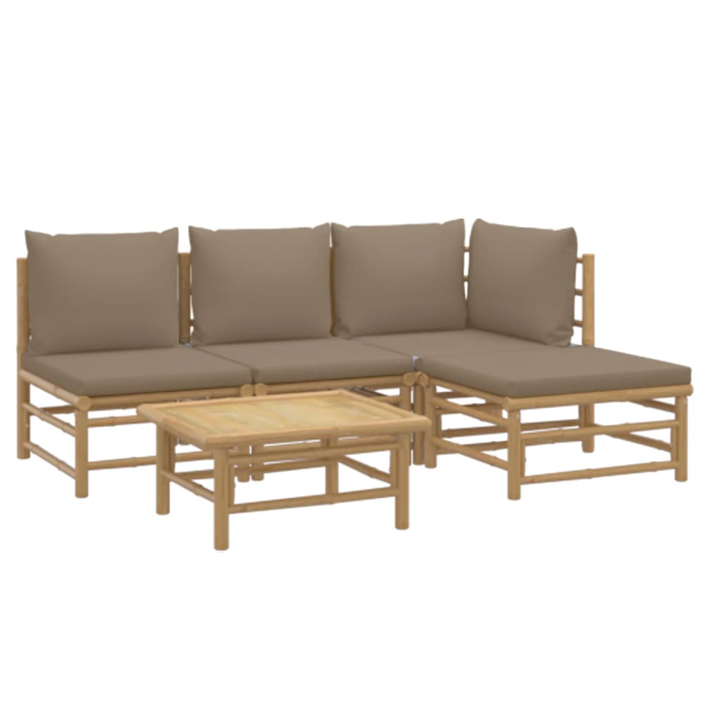 5 Pcs conj. lounge jardim bambu almofadões cinzento-acastanhado