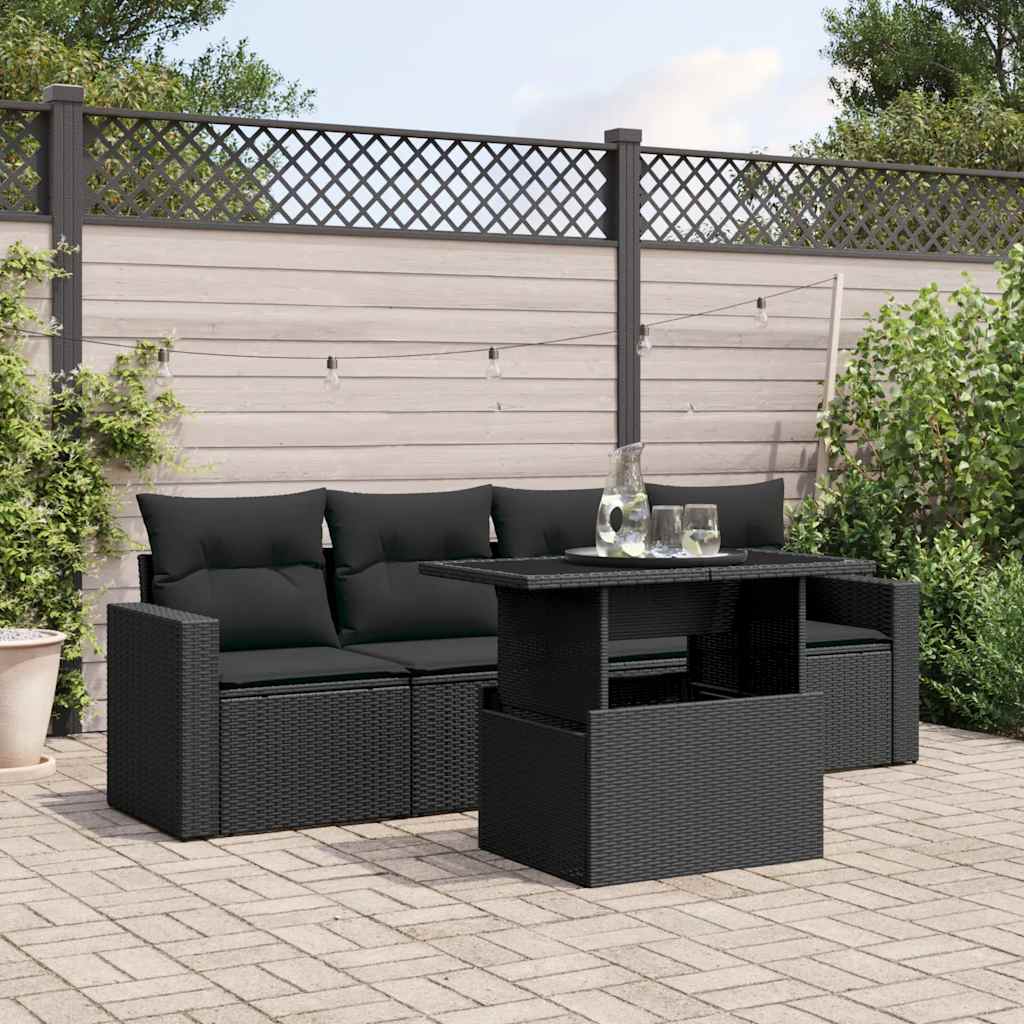 5 Pcs conjunto sofás de jardim com almofadões vime PE preto