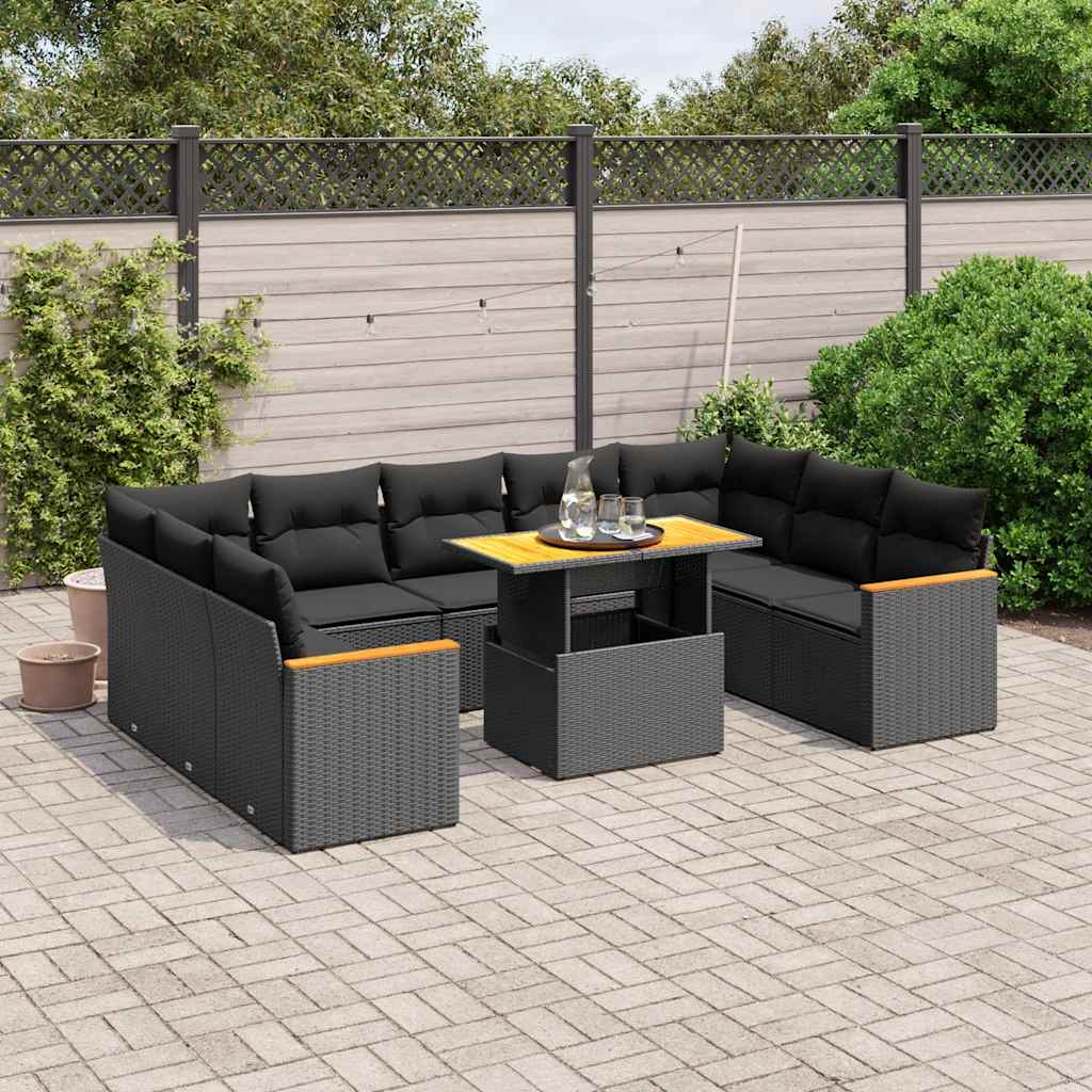 10 Pcs conjunto sofás de jardim c/ almofadões vime PE preto