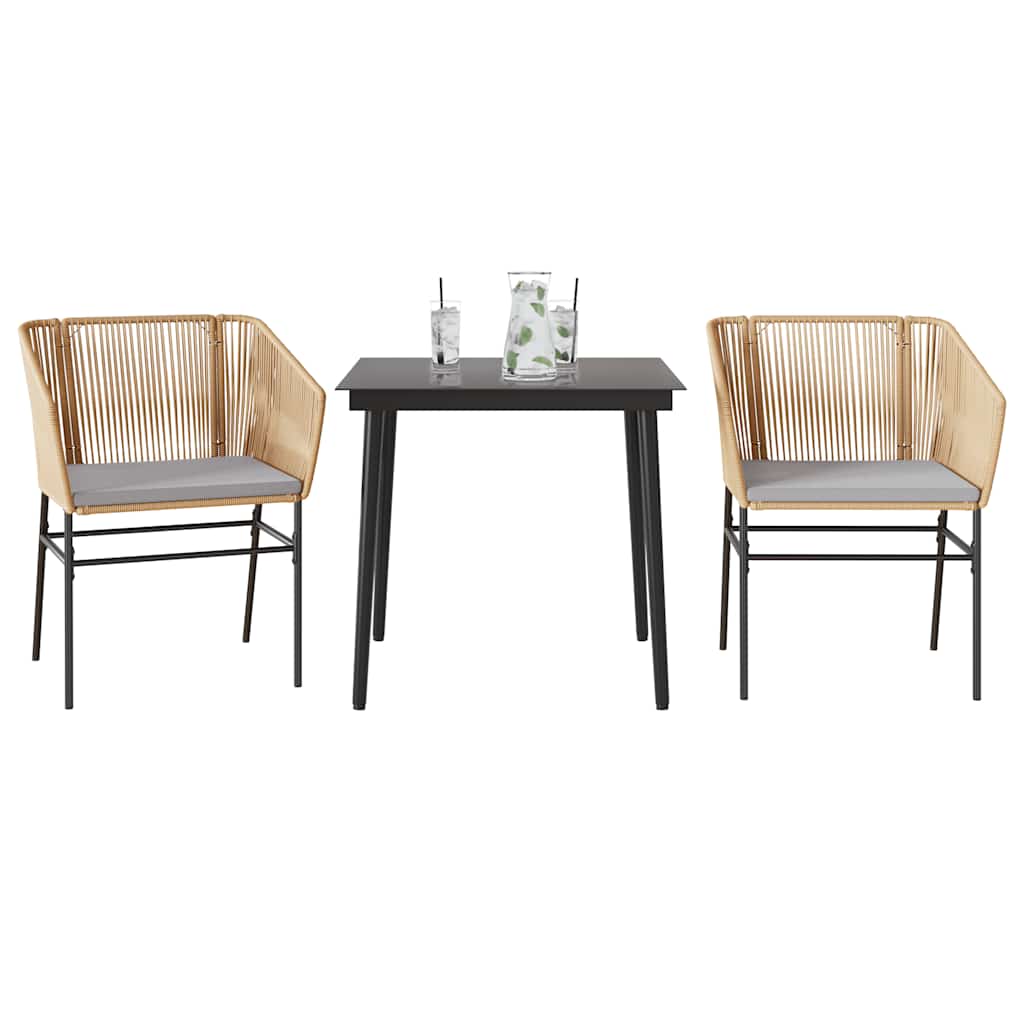 Conjunto jantar jardim 3 peças almofadas vidro vime PE castanho