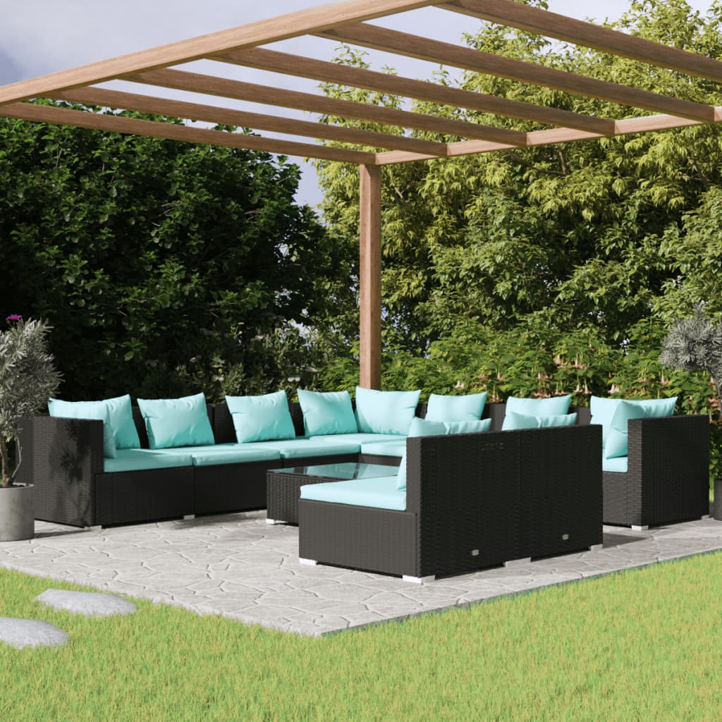 10 Pcs conjunto lounge de jardim c/ almofadões vime PE preto