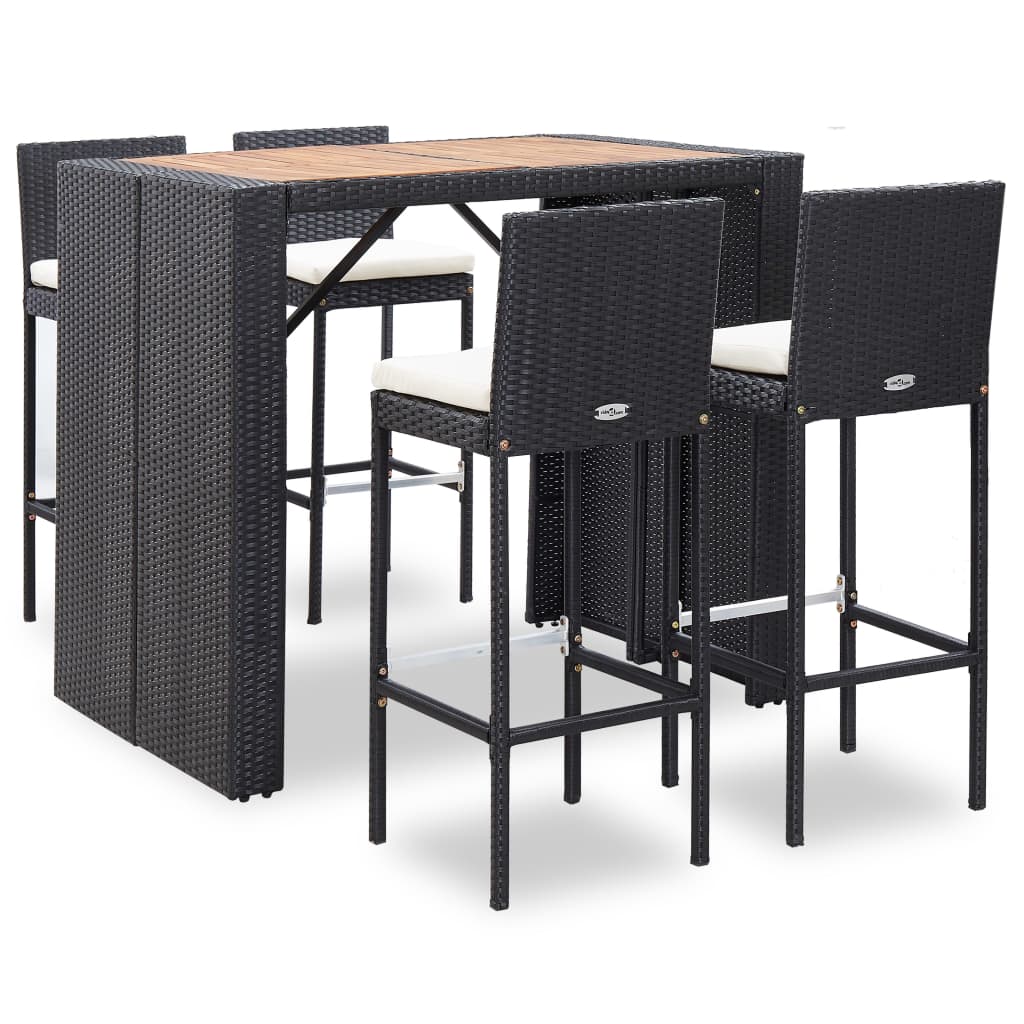 5 Pcs conjunto de bar jardim vime PE e madeira acácia preto