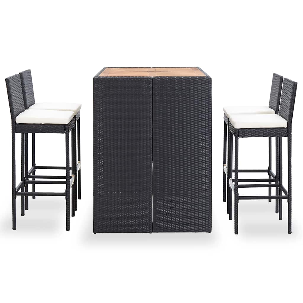 5 Pcs conjunto de bar jardim vime PE e madeira acácia preto