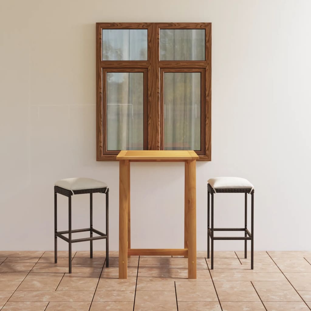3 Pcs conjunto de bar para jardim com almofadões castanho