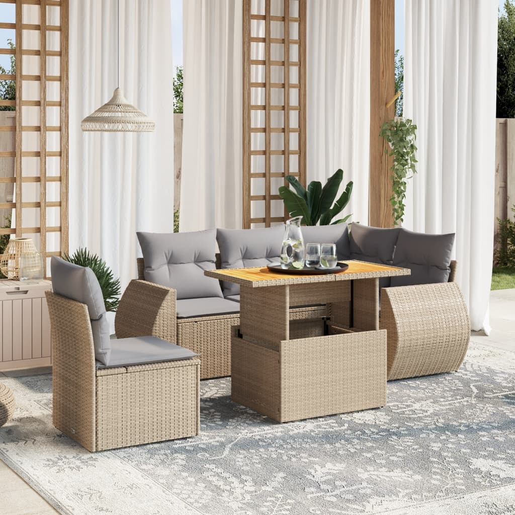 6 Pcs conjunto de sofás p/ jardim com almofadões vime PE bege