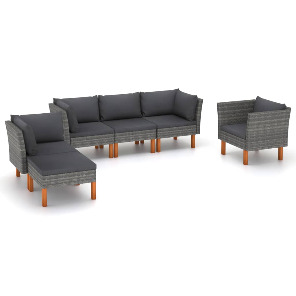 6 Pcs conj. lounge jardim vime PE e madeira eucalipto cinzento