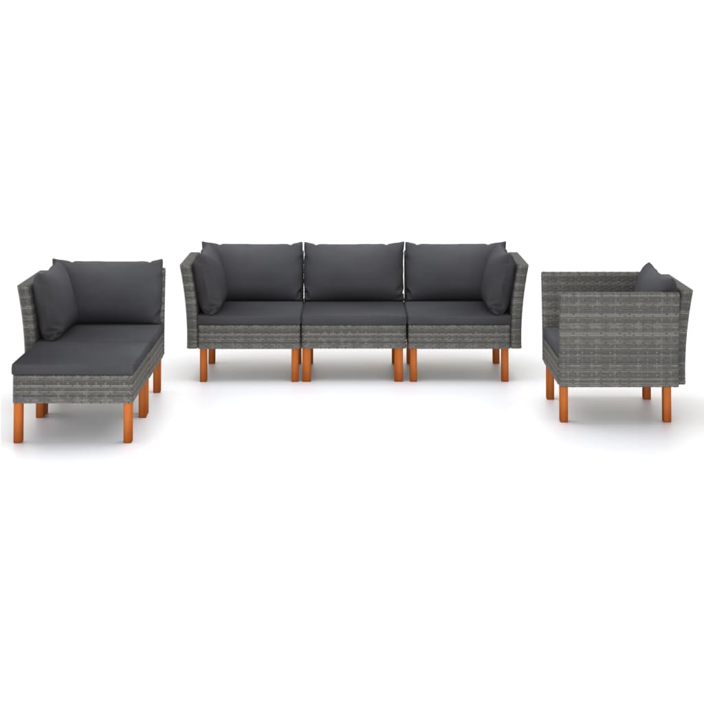 6 Pcs conj. lounge jardim vime PE e madeira eucalipto cinzento