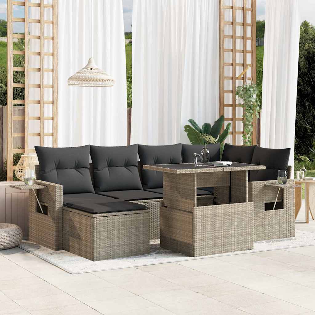 7 Pcs conj. sofás jardim com almofadões vime PE cinzento-claro