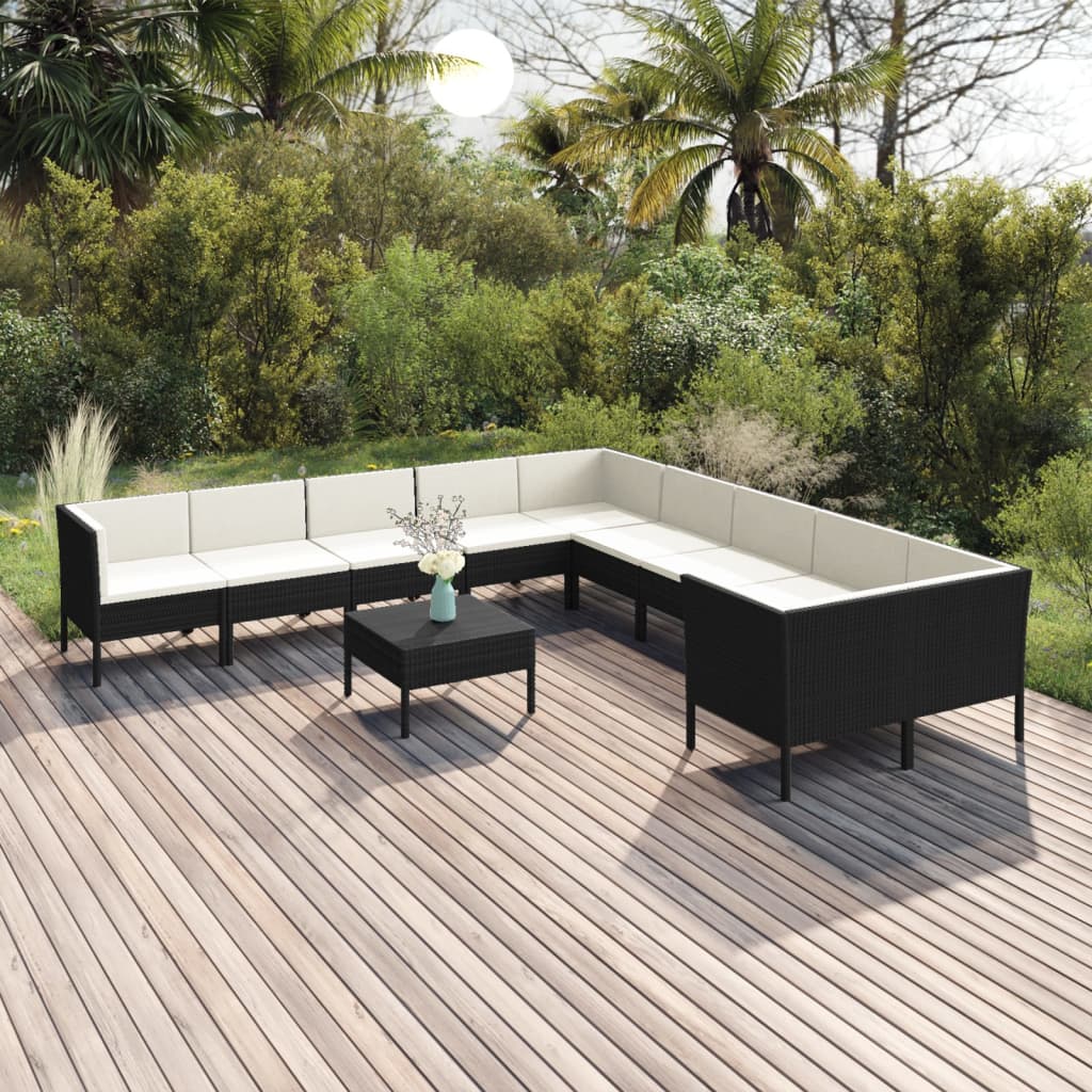 11 Pcs conjunto lounge de jardim c/ almofadões vime PE preto
