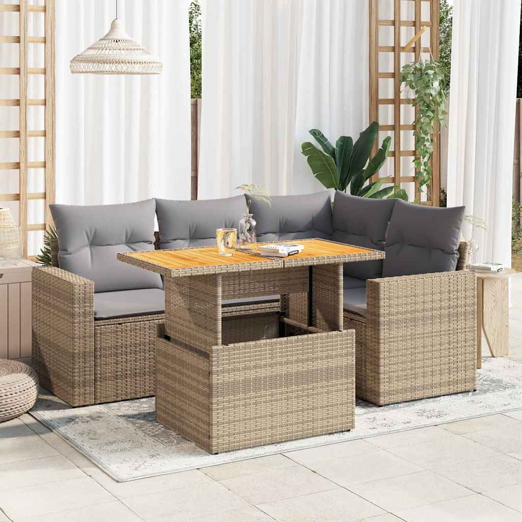 5 Pcs conjunto de sofás p/ jardim com almofadões vime PE bege