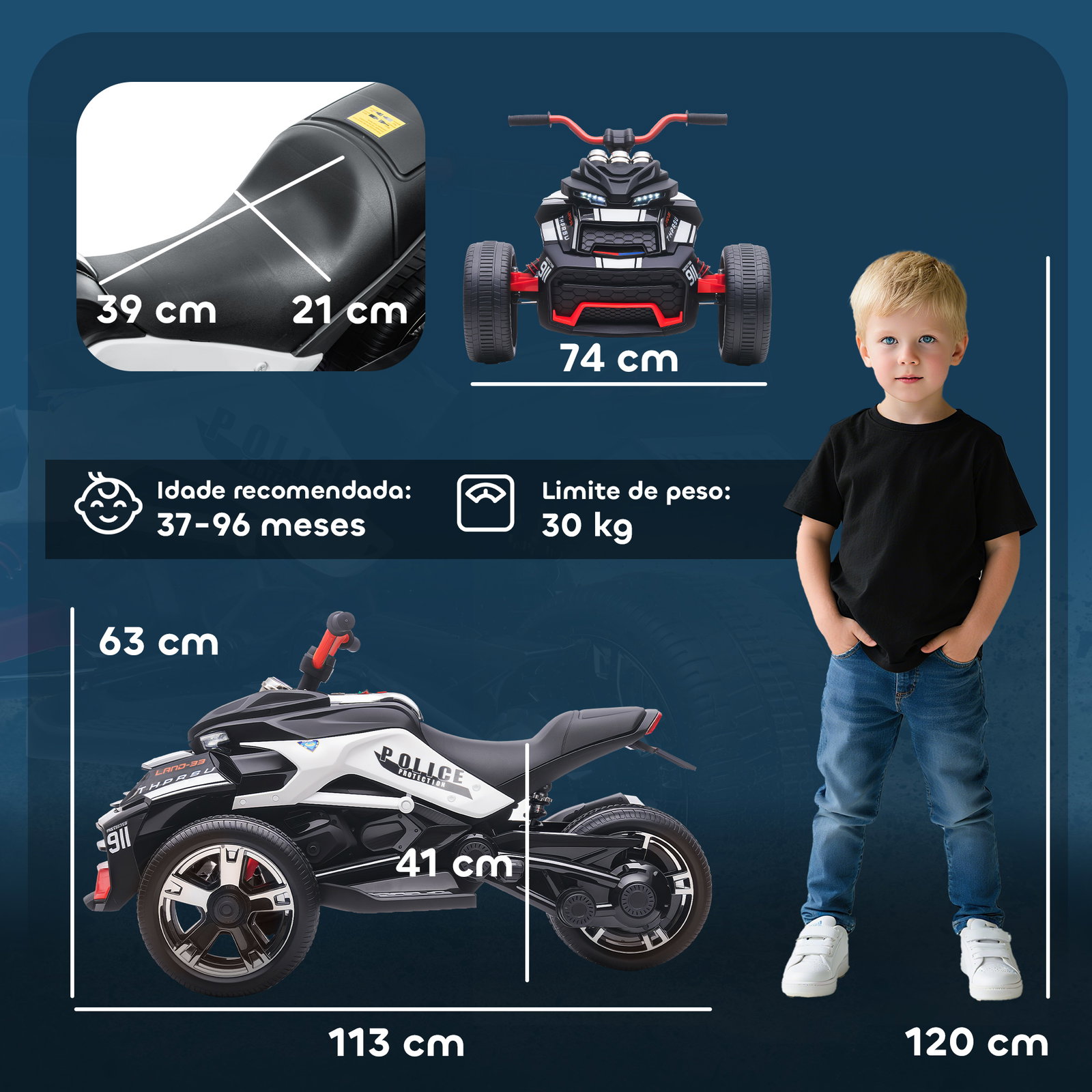 Quadricilo elétrico para crianças 12v com 2 motores velocidade até 5 km/h 3 rodas faróis buzina música 113x74x63 cm preto e branco