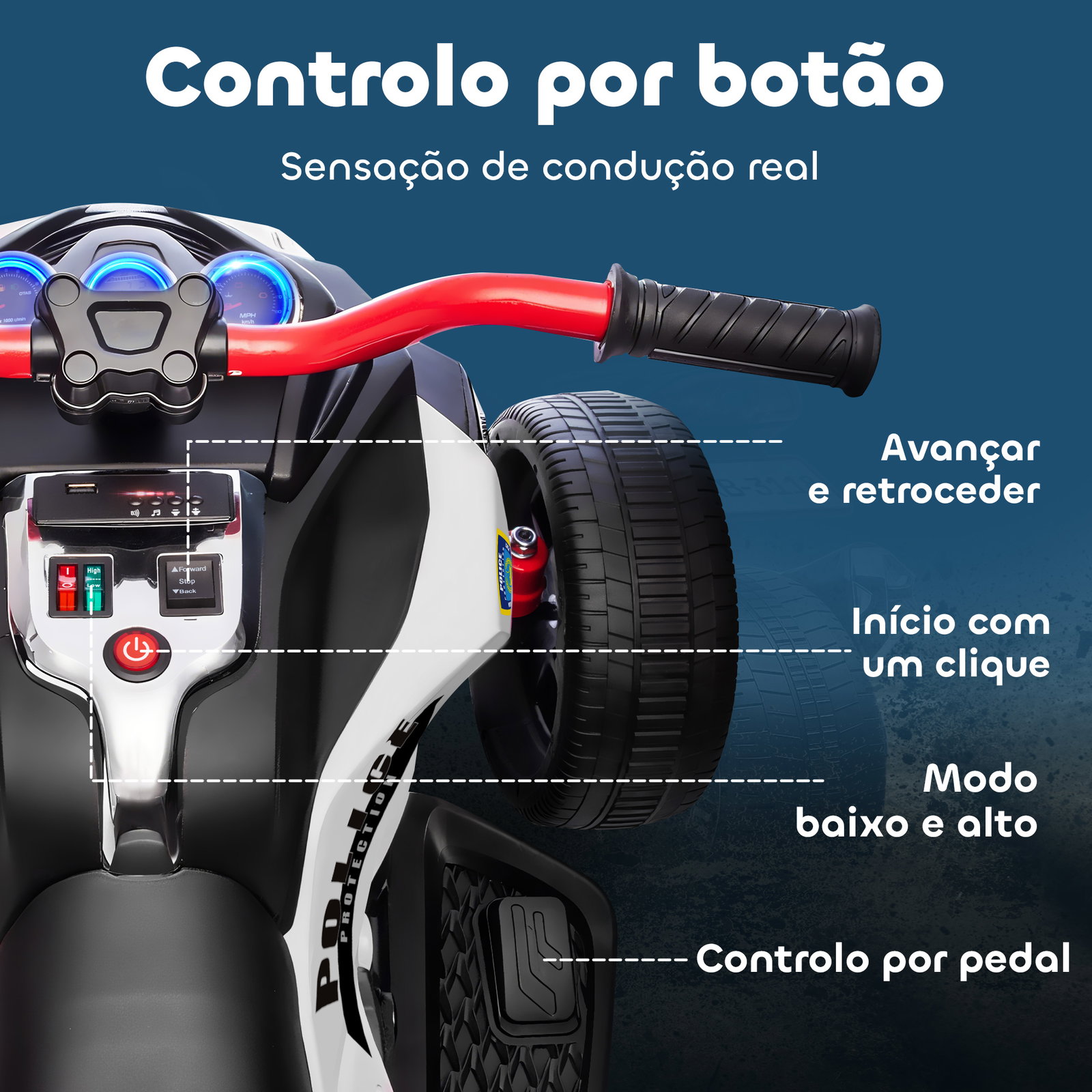 Quadricilo elétrico para crianças 12v com 2 motores velocidade até 5 km/h 3 rodas faróis buzina música 113x74x63 cm preto e branco