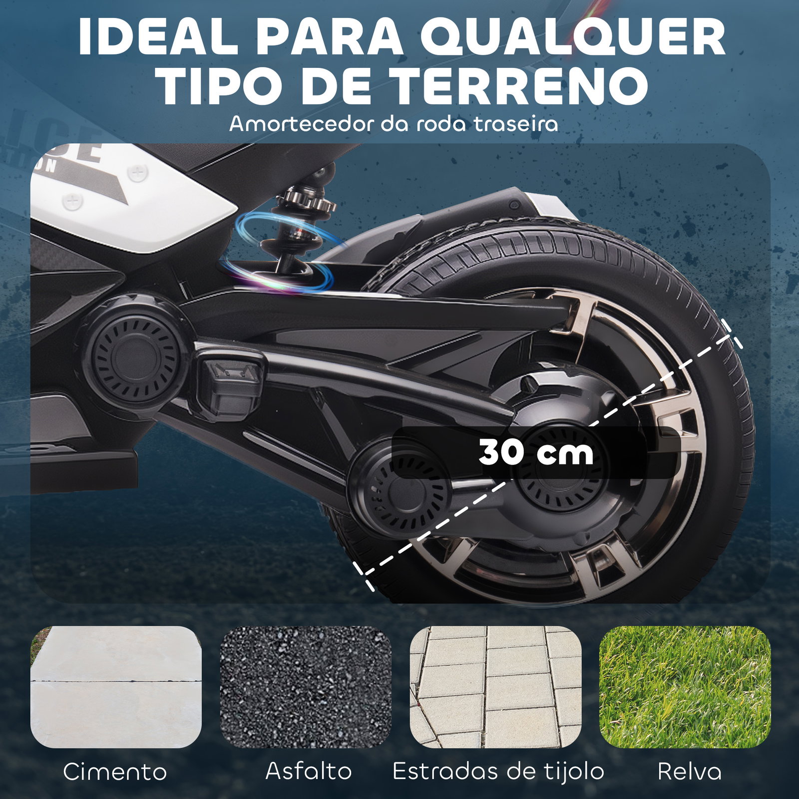 Quadricilo elétrico para crianças 12v com 2 motores velocidade até 5 km/h 3 rodas faróis buzina música 113x74x63 cm preto e branco