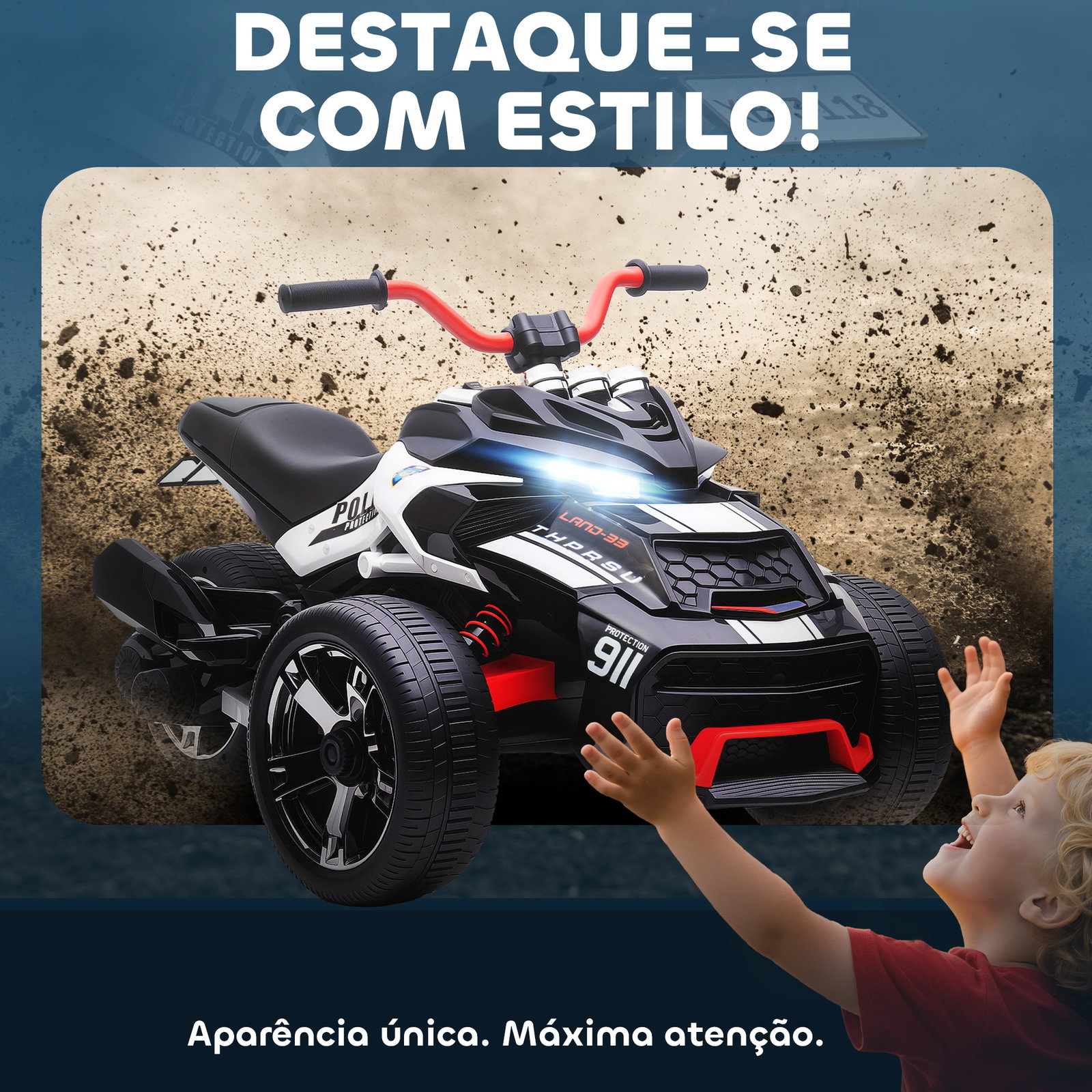 Quadricilo elétrico para crianças 12v com 2 motores velocidade até 5 km/h 3 rodas faróis buzina música 113x74x63 cm preto e branco
