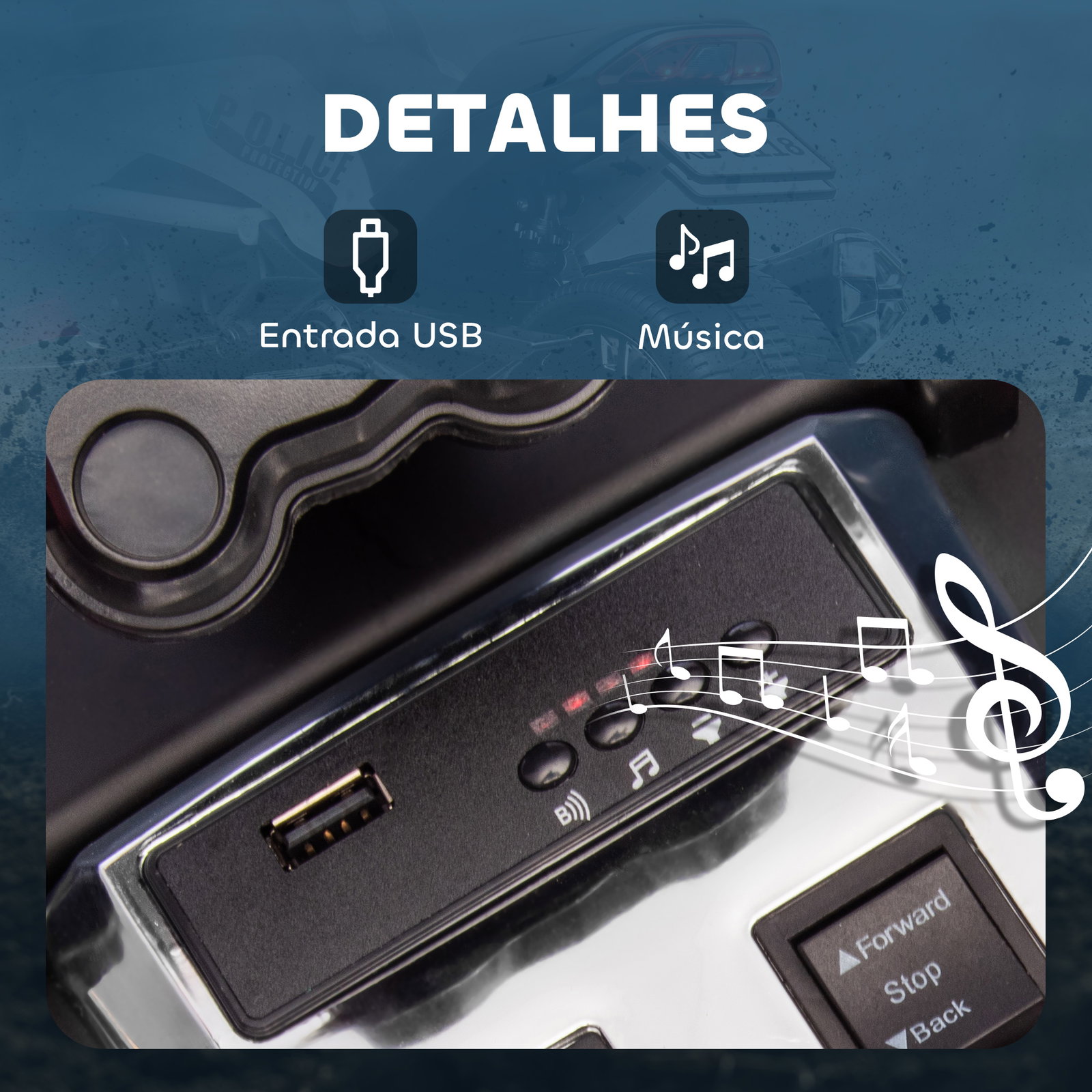 Quadricilo elétrico para crianças 12v com 2 motores velocidade até 5 km/h 3 rodas faróis buzina música 113x74x63 cm preto e branco